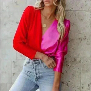 Two tone pink and red satin bodysuit